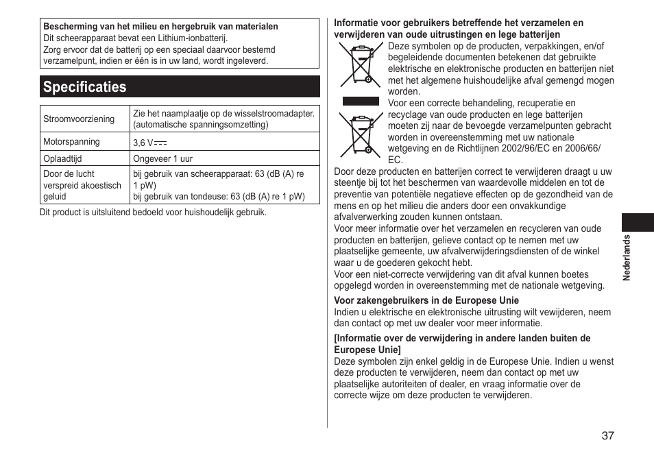 Specificaties | Panasonic ESLT31 User Manual | Page 37 / 124