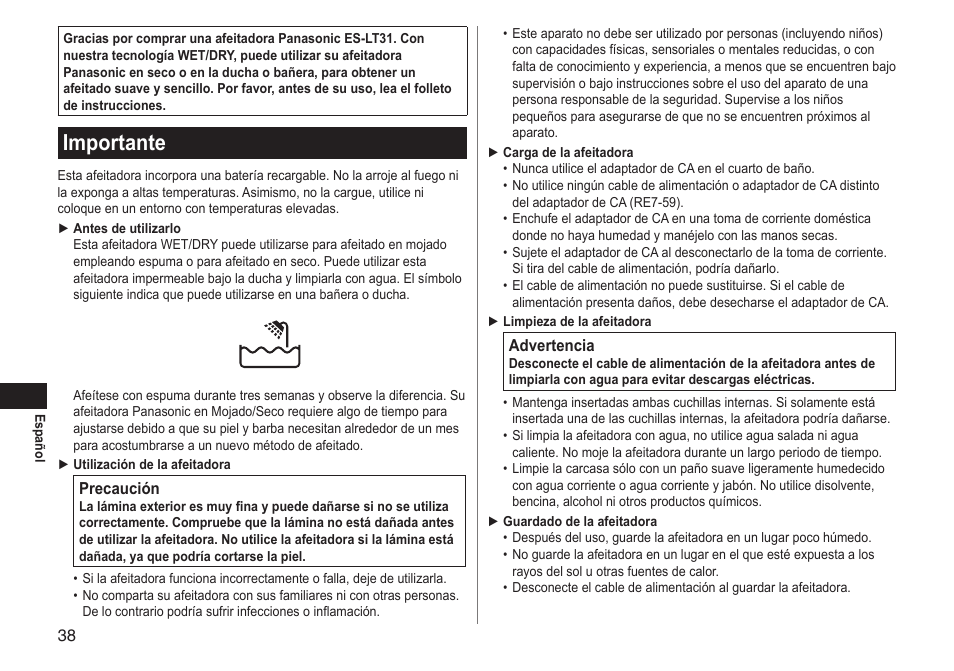 Importante | Panasonic ESLT31 User Manual | Page 38 / 124