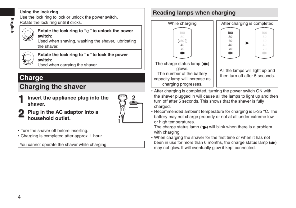 Charge charging the shaver | Panasonic ESLT31 User Manual | Page 4 / 124