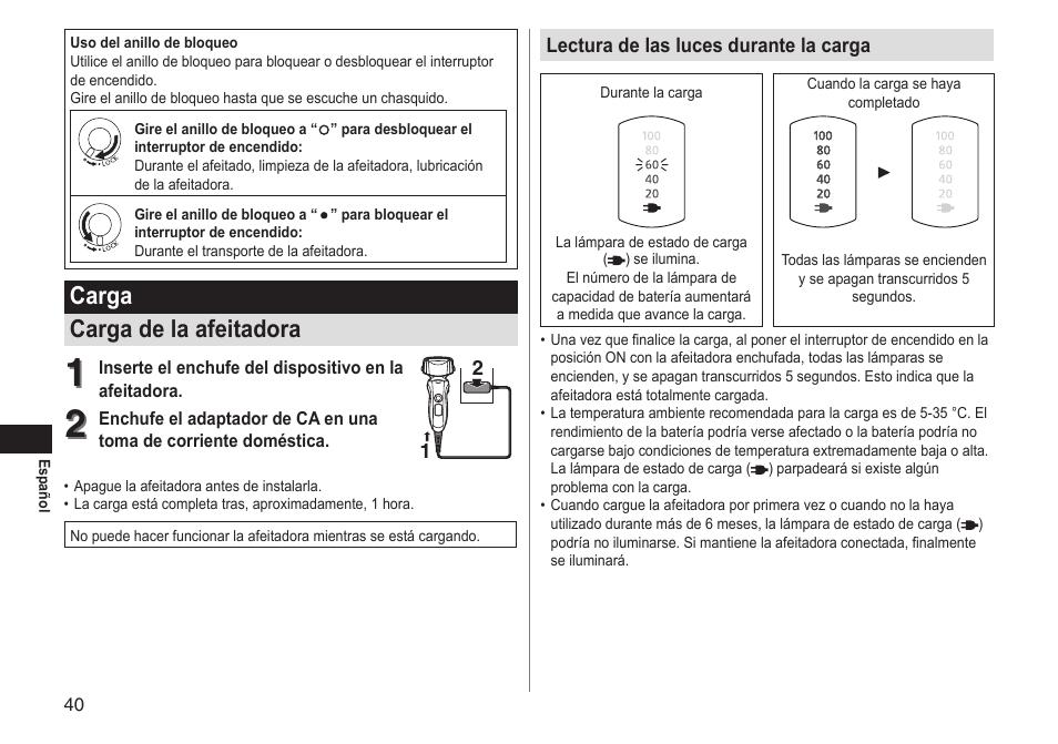 Carga carga de la afeitadora | Panasonic ESLT31 User Manual | Page 40 / 124