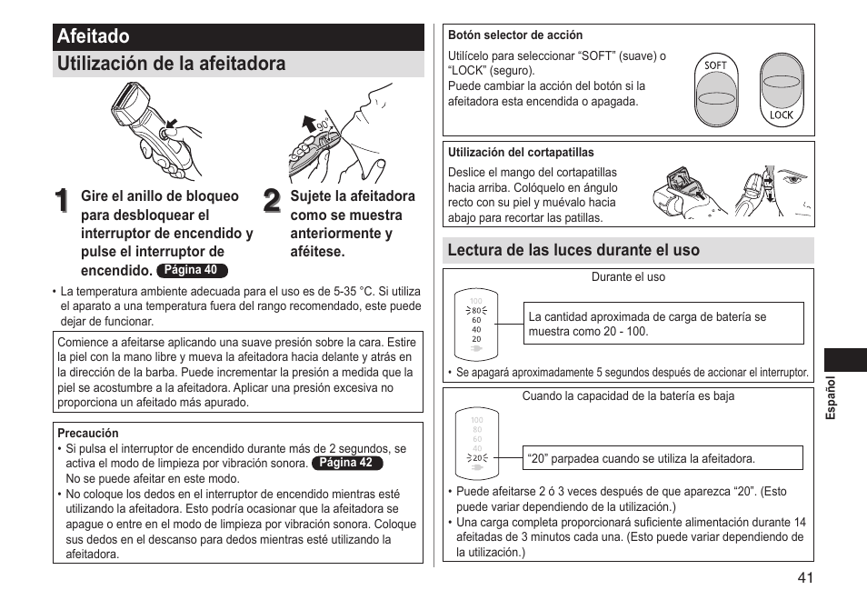 Afeitado utilización de la afeitadora | Panasonic ESLT31 User Manual | Page 41 / 124