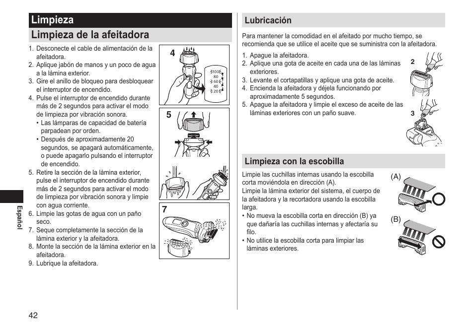 Limpieza limpieza de la afeitadora, 45 7 lubricación, Limpieza con la escobilla | Panasonic ESLT31 User Manual | Page 42 / 124