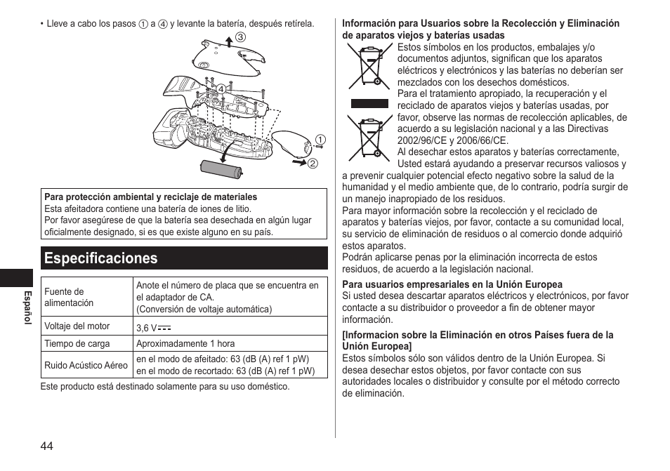 Especificaciones | Panasonic ESLT31 User Manual | Page 44 / 124