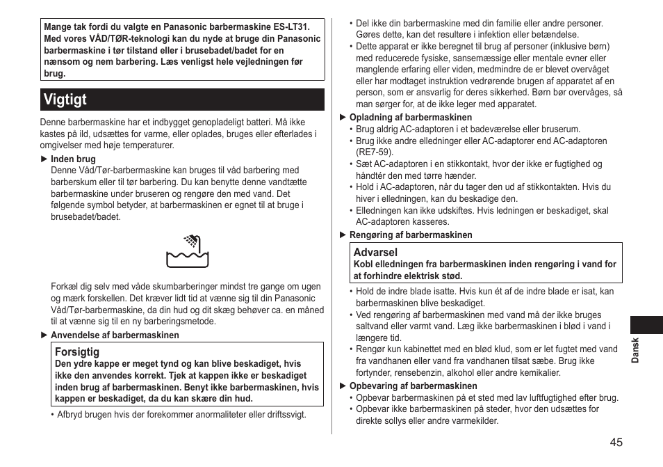 Vigtigt | Panasonic ESLT31 User Manual | Page 45 / 124