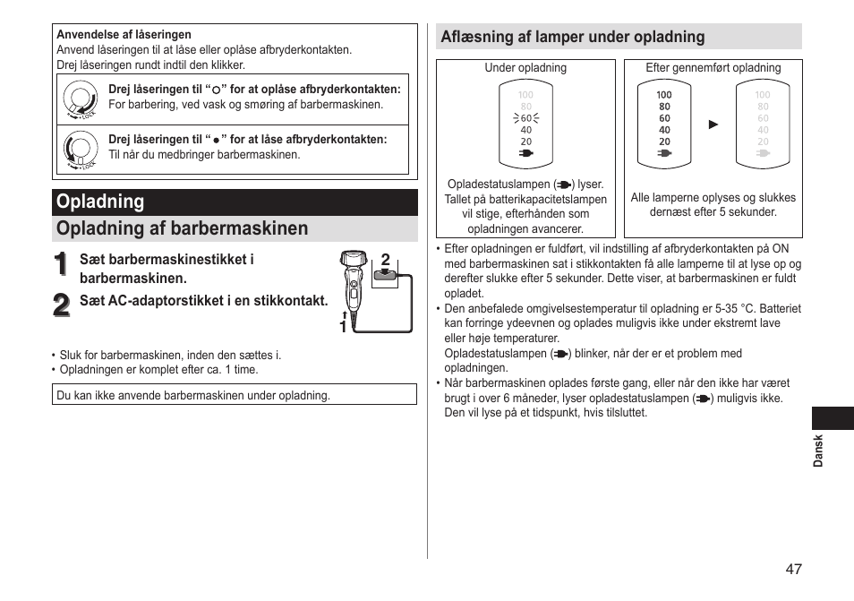 Opladning opladning af barbermaskinen | Panasonic ESLT31 User Manual | Page 47 / 124