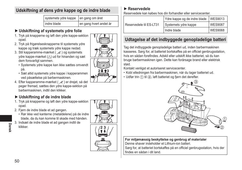 Udskiftning af dens ydre kappe og de indre blade, Udtagelse af det indbyggede genopladelige batteri | Panasonic ESLT31 User Manual | Page 50 / 124