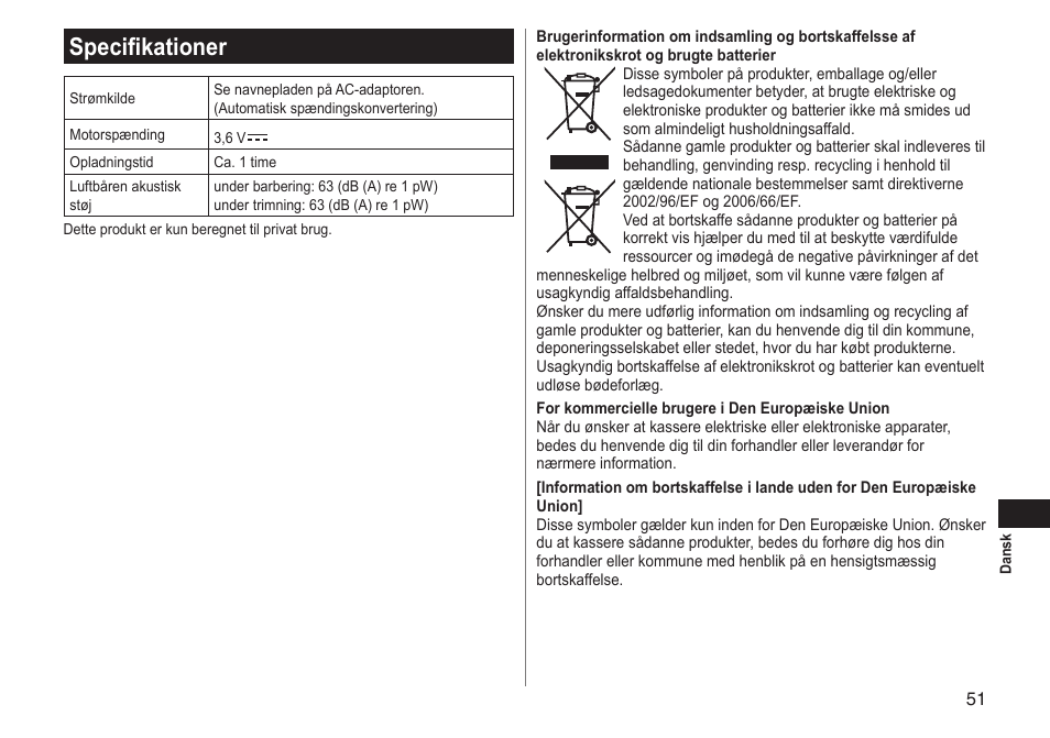 Specifikationer | Panasonic ESLT31 User Manual | Page 51 / 124