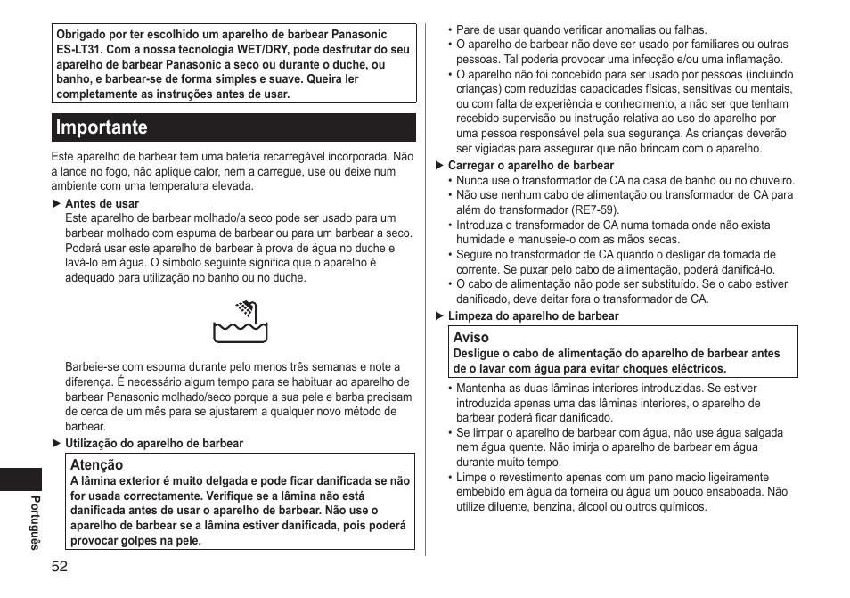 Importante | Panasonic ESLT31 User Manual | Page 52 / 124