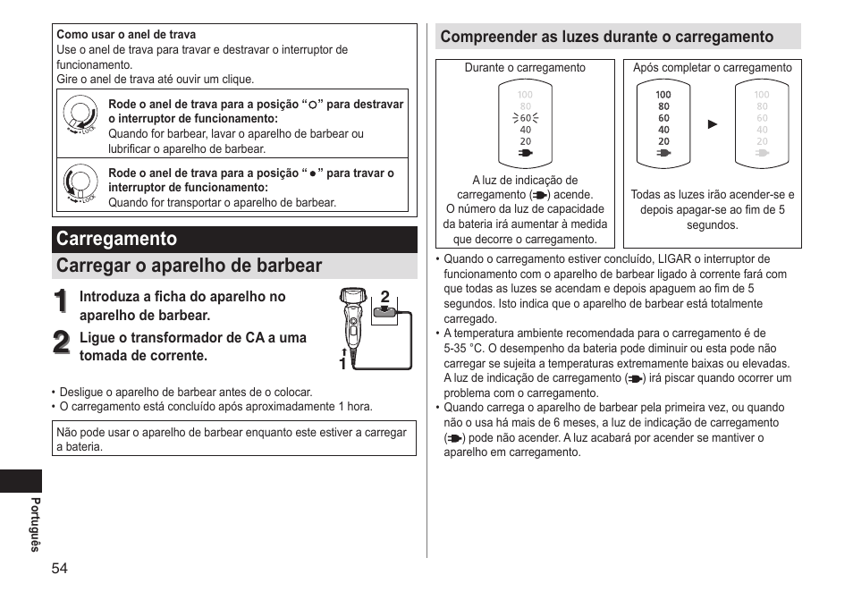 Carregamento carregar o aparelho de barbear | Panasonic ESLT31 User Manual | Page 54 / 124