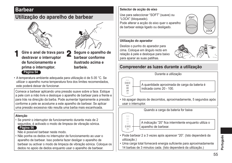 Barbear utilização do aparelho de barbear | Panasonic ESLT31 User Manual | Page 55 / 124