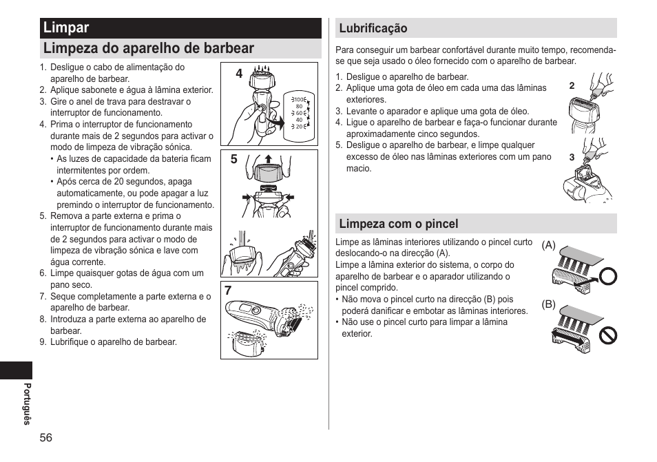 Limpar limpeza do aparelho de barbear, 45 7 lubrificação, Limpeza com o pincel | Panasonic ESLT31 User Manual | Page 56 / 124