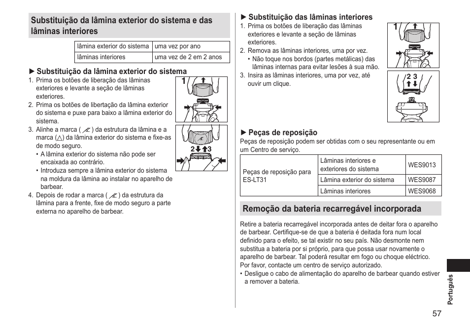 Remoção da bateria recarregável incorporada | Panasonic ESLT31 User Manual | Page 57 / 124