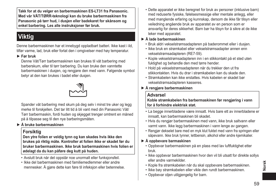 Viktig | Panasonic ESLT31 User Manual | Page 59 / 124