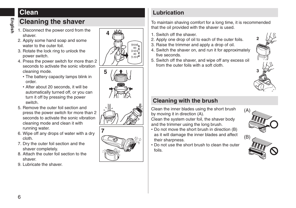 Clean cleaning the shaver, 45 7 lubrication, Cleaning with the brush | Panasonic ESLT31 User Manual | Page 6 / 124