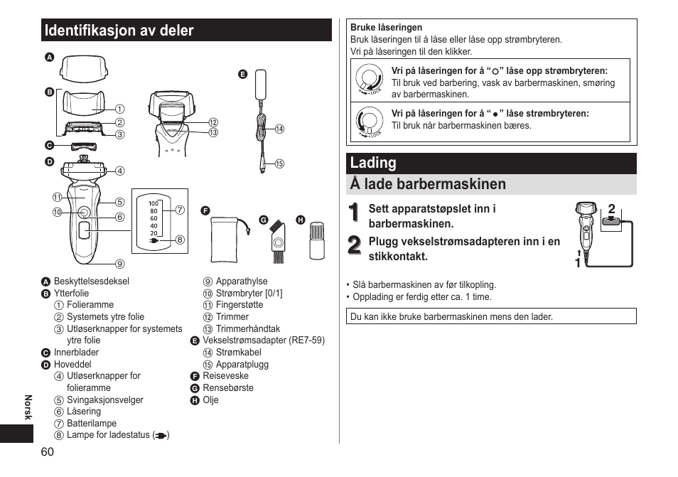 Lading å lade barbermaskinen, Identifikasjon av deler | Panasonic ESLT31 User Manual | Page 60 / 124