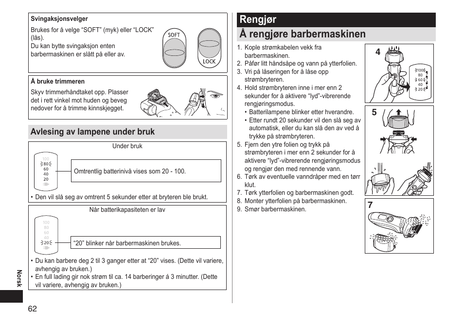 Rengjør å rengjøre barbermaskinen, Avlesing av lampene under bruk | Panasonic ESLT31 User Manual | Page 62 / 124