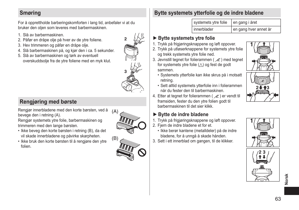 Smøring, Rengjøring med børste, Bytte systemets ytterfolie og de indre bladene | Panasonic ESLT31 User Manual | Page 63 / 124