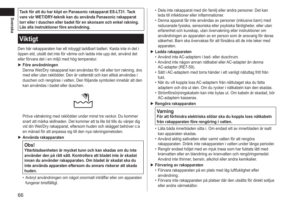 Viktigt | Panasonic ESLT31 User Manual | Page 66 / 124