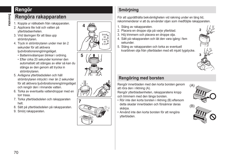 Rengör rengöra rakapparaten, 45 7 smörjning, Rengöring med borsten | Panasonic ESLT31 User Manual | Page 70 / 124