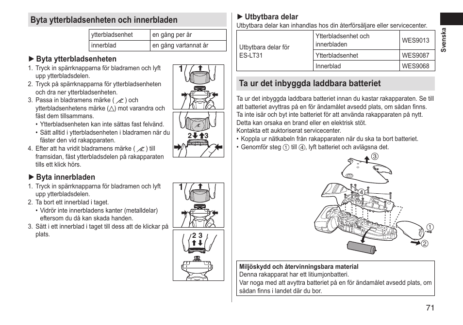 Byta ytterbladsenheten och innerbladen, Ta ur det inbyggda laddbara batteriet | Panasonic ESLT31 User Manual | Page 71 / 124