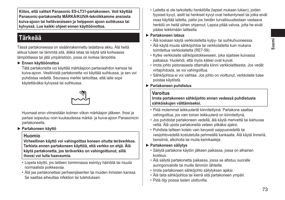 Tärkeää | Panasonic ESLT31 User Manual | Page 73 / 124