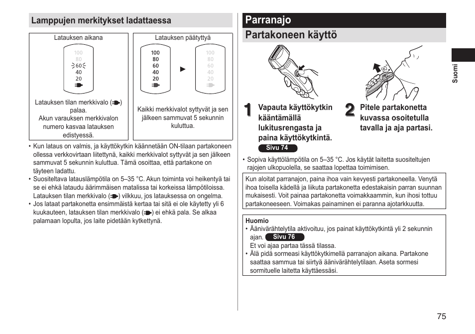 Parranajo partakoneen käyttö | Panasonic ESLT31 User Manual | Page 75 / 124