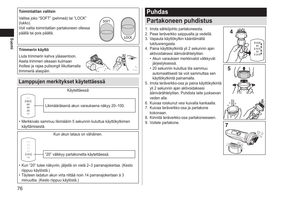 Puhdas partakoneen puhdistus, Lamppujen merkitykset käytettäessä | Panasonic ESLT31 User Manual | Page 76 / 124