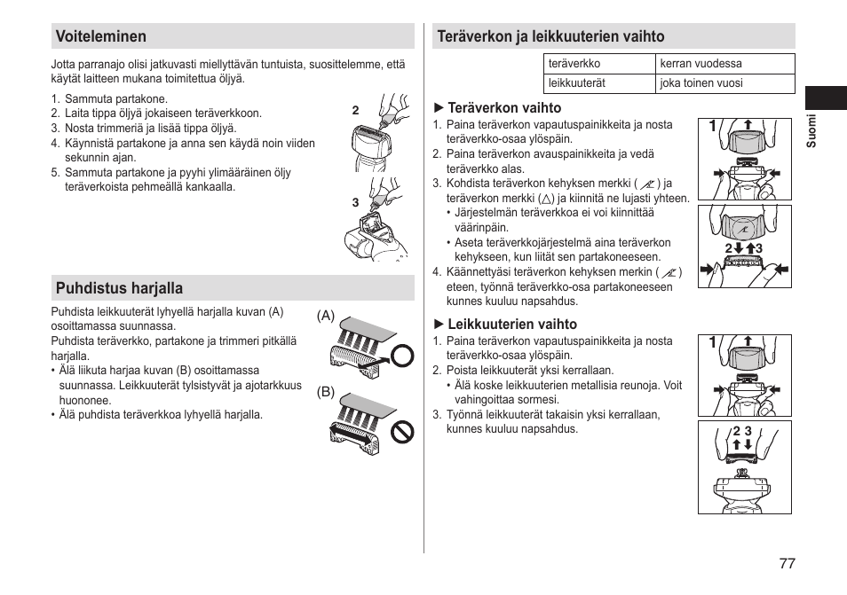 Voiteleminen, Puhdistus harjalla, Teräverkon ja leikkuuterien vaihto | Panasonic ESLT31 User Manual | Page 77 / 124