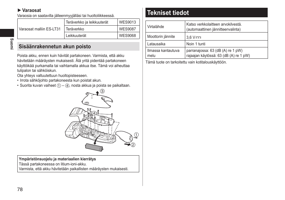 Tekniset tiedot, Sisäänrakennetun akun poisto | Panasonic ESLT31 User Manual | Page 78 / 124