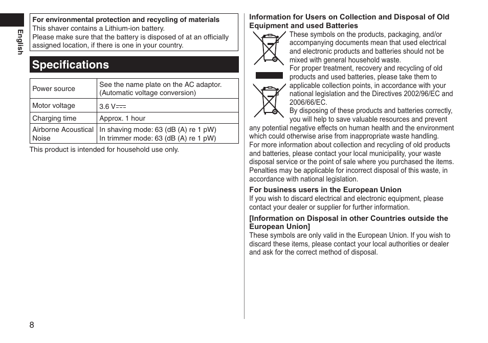 Specifications | Panasonic ESLT31 User Manual | Page 8 / 124