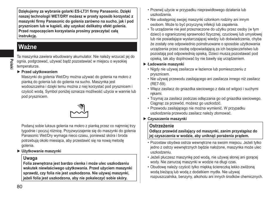 Ważne | Panasonic ESLT31 User Manual | Page 80 / 124