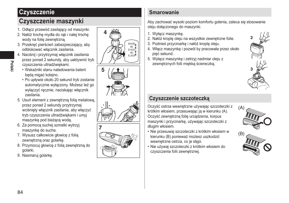 Czyszczenie czyszczenie maszynki, 45 7 smarowanie, Czyszczenie szczoteczką | Panasonic ESLT31 User Manual | Page 84 / 124