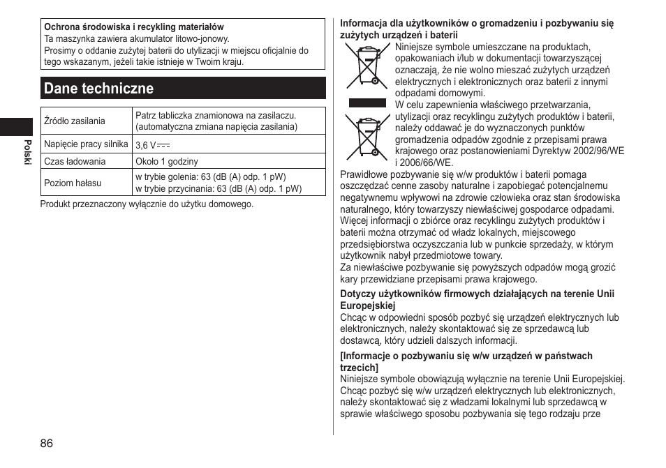 Dane techniczne | Panasonic ESLT31 User Manual | Page 86 / 124