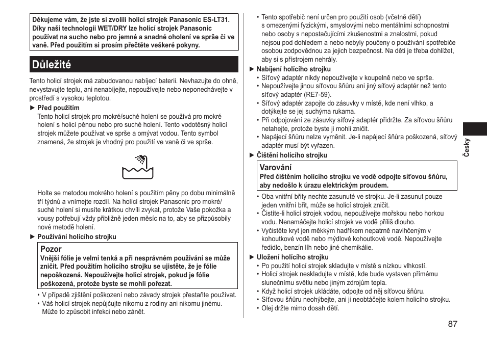 Důležité | Panasonic ESLT31 User Manual | Page 87 / 124
