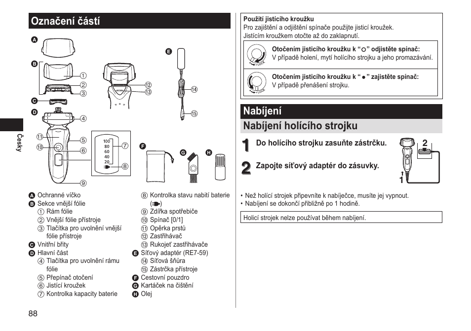 Nabíjení nabíjení holícího strojku, Označení částí | Panasonic ESLT31 User Manual | Page 88 / 124