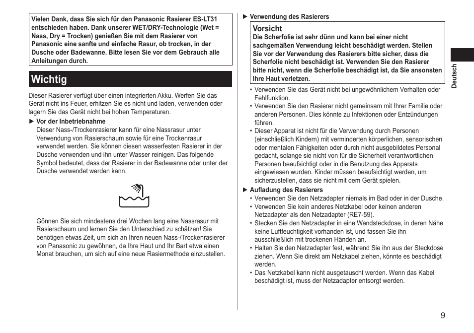 Wichtig | Panasonic ESLT31 User Manual | Page 9 / 124