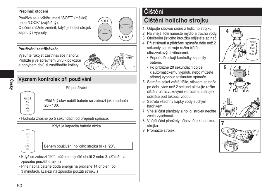 Čištění čištění holícího strojku, Význam kontrolek při používání | Panasonic ESLT31 User Manual | Page 90 / 124