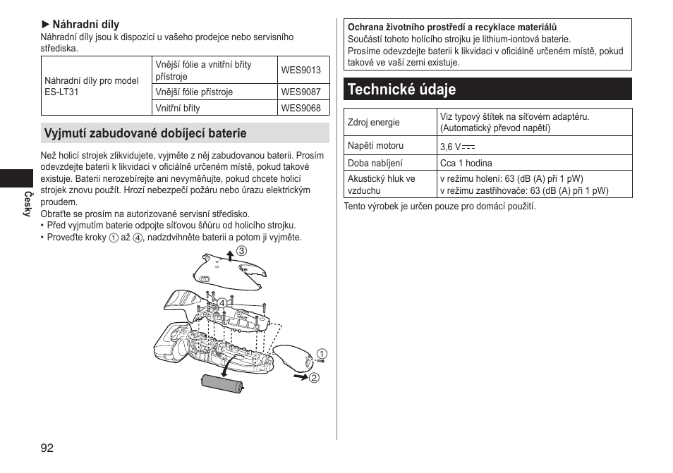 Technické údaje, Vyjmutí zabudované dobíjecí baterie | Panasonic ESLT31 User Manual | Page 92 / 124