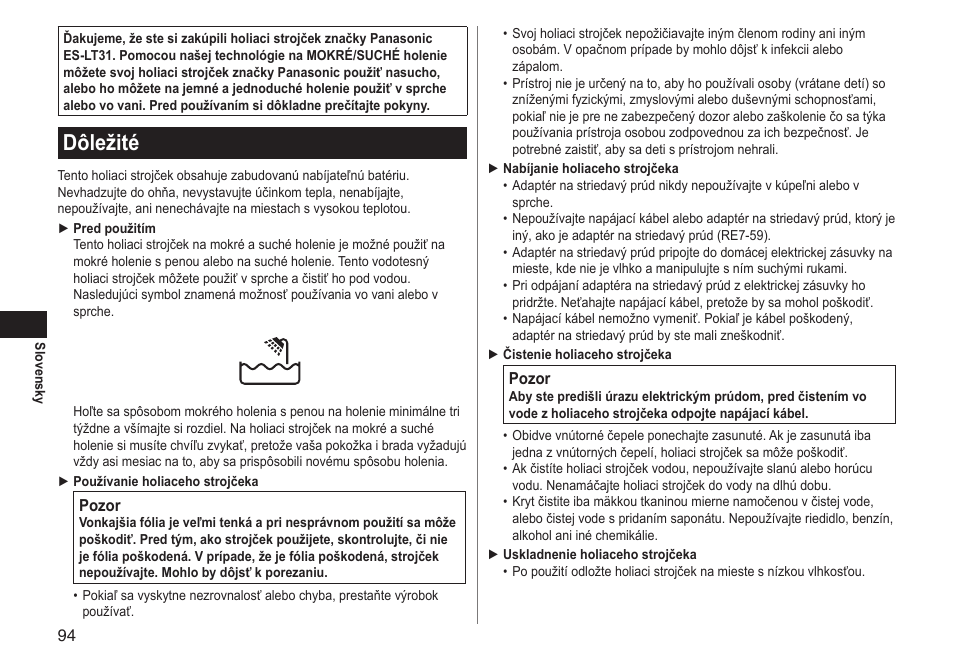Dôležité | Panasonic ESLT31 User Manual | Page 94 / 124