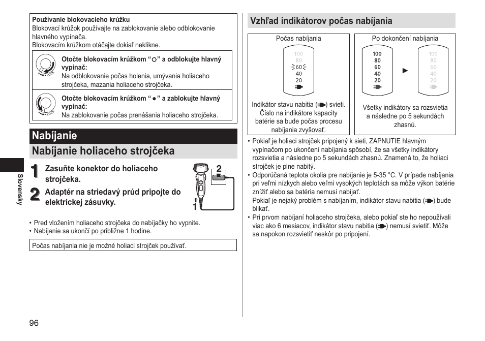 Nabíjanie nabíjanie holiaceho strojčeka | Panasonic ESLT31 User Manual | Page 96 / 124