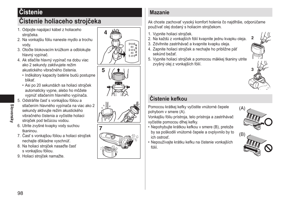 Čistenie čistenie holiaceho strojčeka, 45 7 mazanie, Čistenie kefkou | Panasonic ESLT31 User Manual | Page 98 / 124