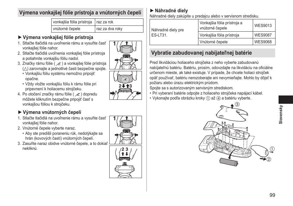 Vybratie zabudovanej nabíjateľnej batérie | Panasonic ESLT31 User Manual | Page 99 / 124