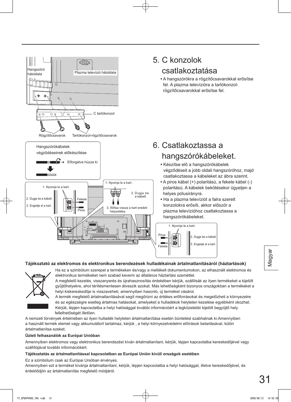 Csatlakoztassa a hangszórókábeleket, C konzolok csatlakoztatása, Magyar | Panasonic TYSP65PV600 User Manual | Page 31 / 44