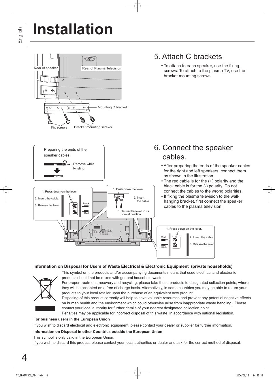Installation, Connect the speaker cables, Attach c brackets | Panasonic TYSP65PV600 User Manual | Page 4 / 44