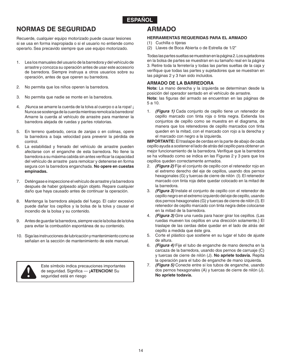 Normas de seguridad, Armado, Español | Agri-Fab 45-03261 User Manual | Page 14 / 24