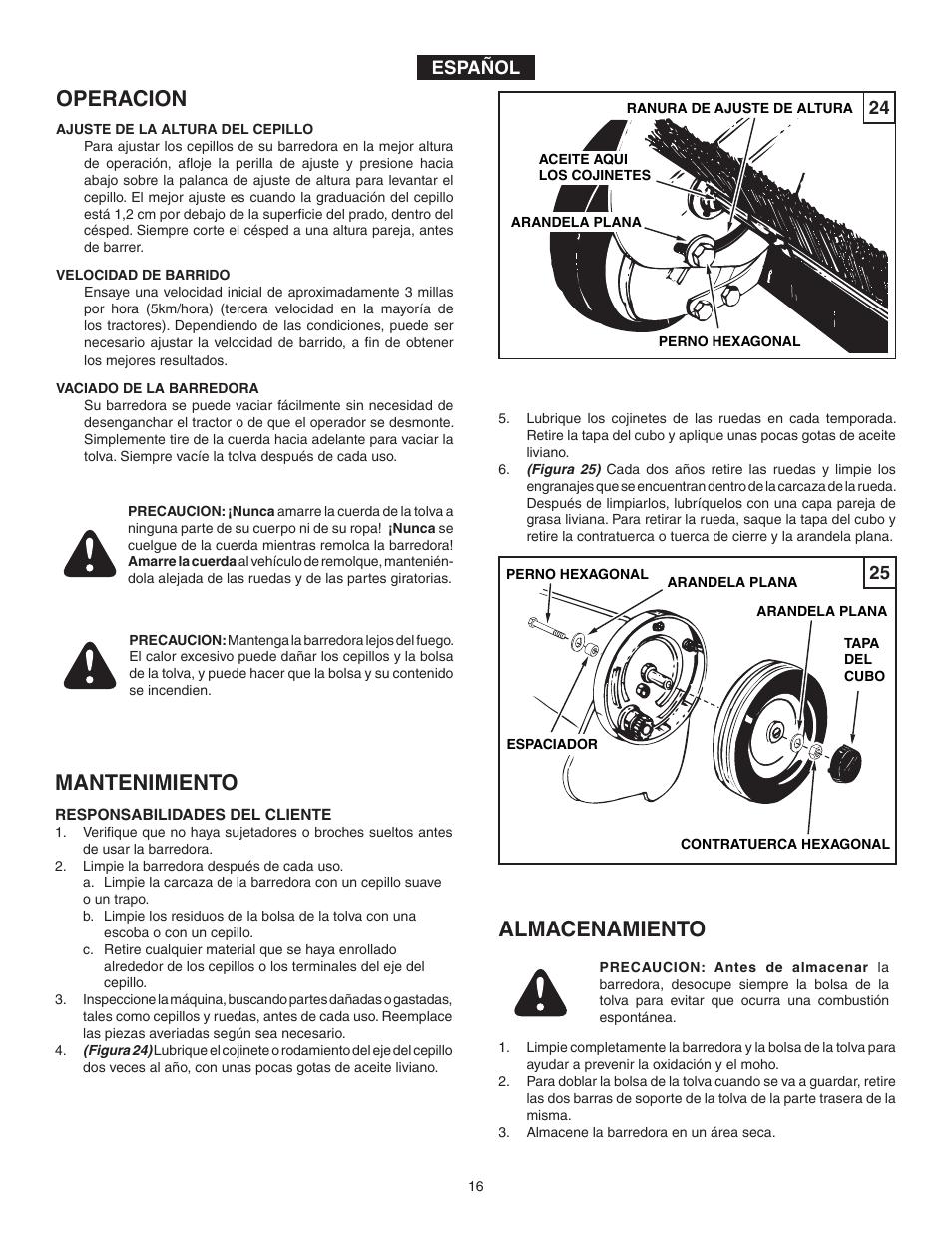 Operacion, Mantenimiento, Almacenamiento | Agri-Fab 45-03261 User Manual | Page 16 / 24