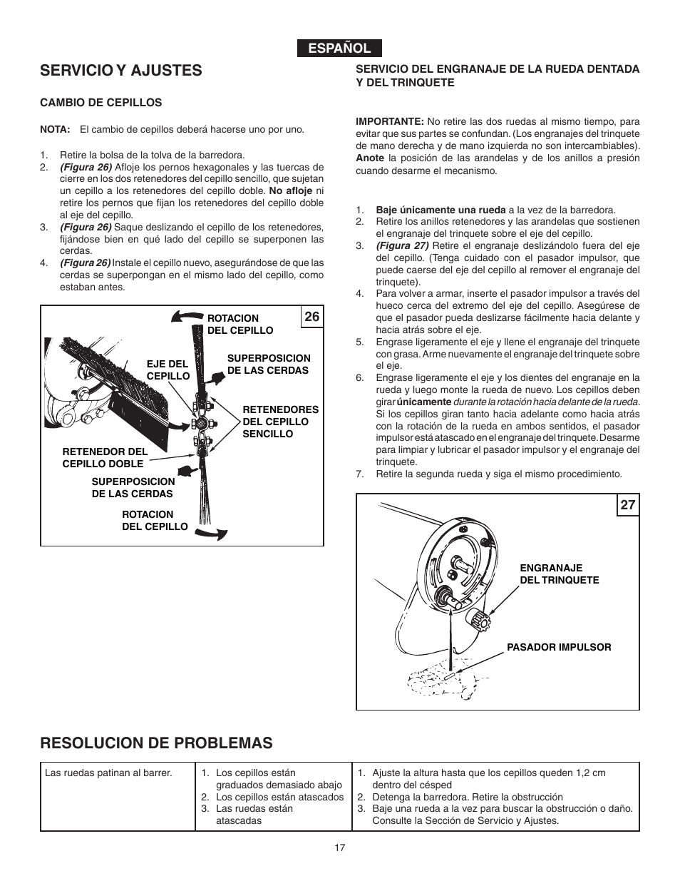 Servicio y ajustes, Resolucion de problemas, Español | Agri-Fab 45-03261 User Manual | Page 17 / 24