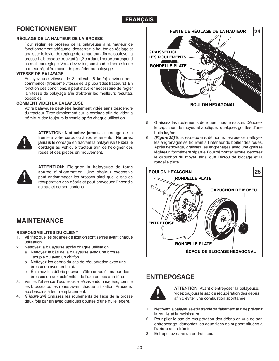 Fonctionnement, Maintenance, Entreposage | Agri-Fab 45-03261 User Manual | Page 20 / 24