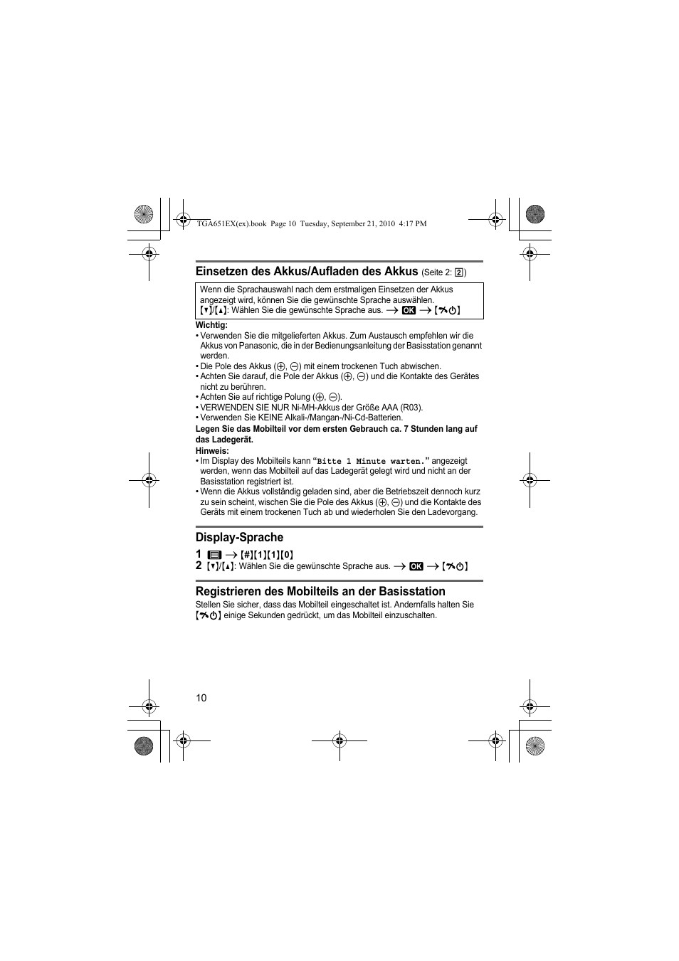 Einsetzen des akkus/aufladen des akkus, Display-sprache, Registrieren des mobilteils an der basisstation | Panasonic KXTGA651EX User Manual | Page 10 / 80