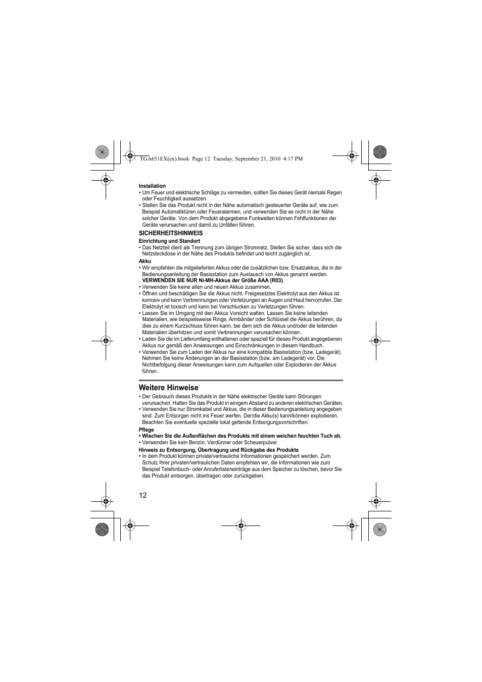 Weitere hinweise | Panasonic KXTGA651EX User Manual | Page 12 / 80